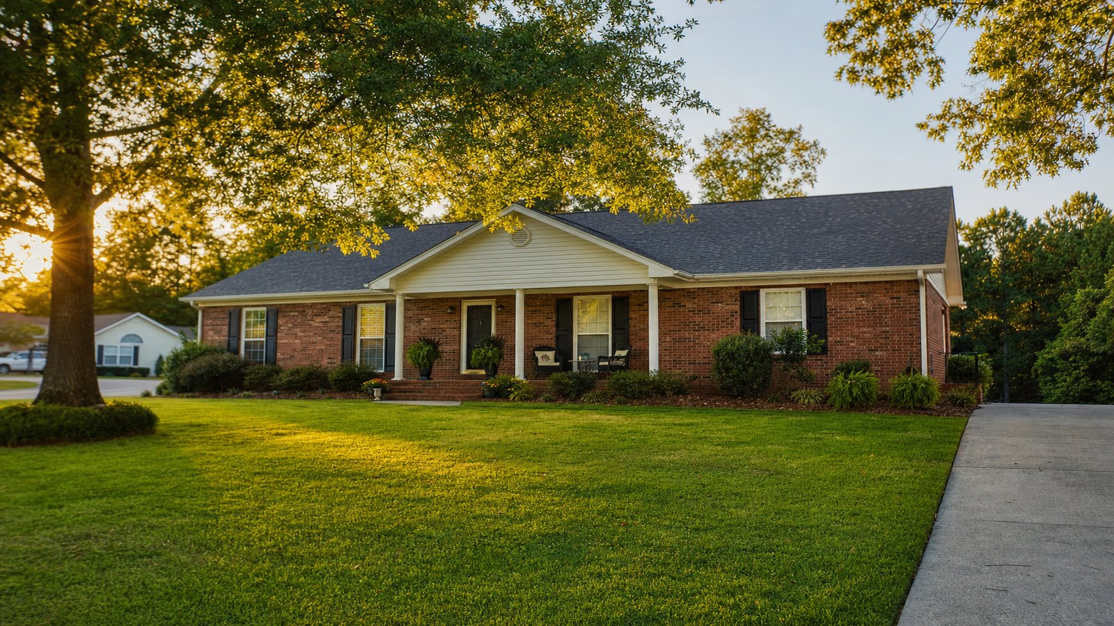 A well-maintained brick house in a North Alabama neighborhood at golden hour